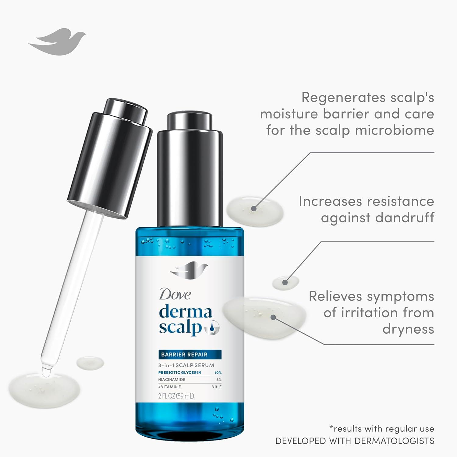 imageDove Derma Scalp Dandruff Relief 3in1 Barrier Repair Serum 1 ct with Prebiotic Glycerin Niacinamide and Vitamin E for DandruffProne Flaky Dry Scalp 2 fl oz