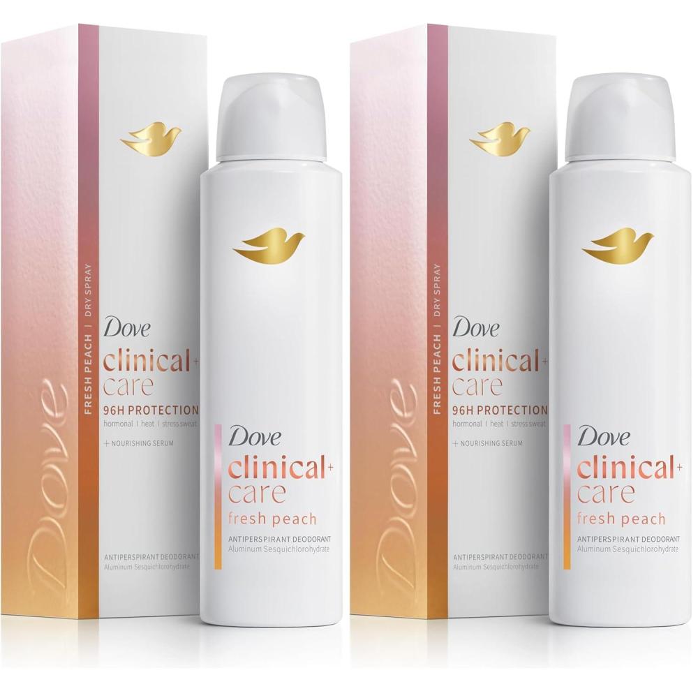 imageDove Clinical Care Antiperspirant Deodorant Dry Spray for Women Fresh Peach with Nourishing Serum 38 oz38 Ounce Pack of 2