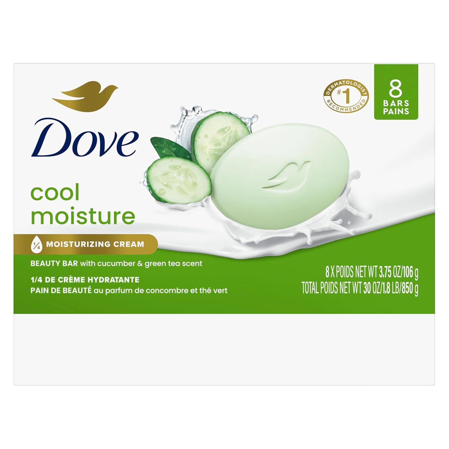 imageDove Beauty Bar Soap Cool Moisture Cucumber amp Green Tea Scent 8 Bars for Refreshed Skin Leaves Skin Refreshed 375 oz375 Ounce Pack of 16