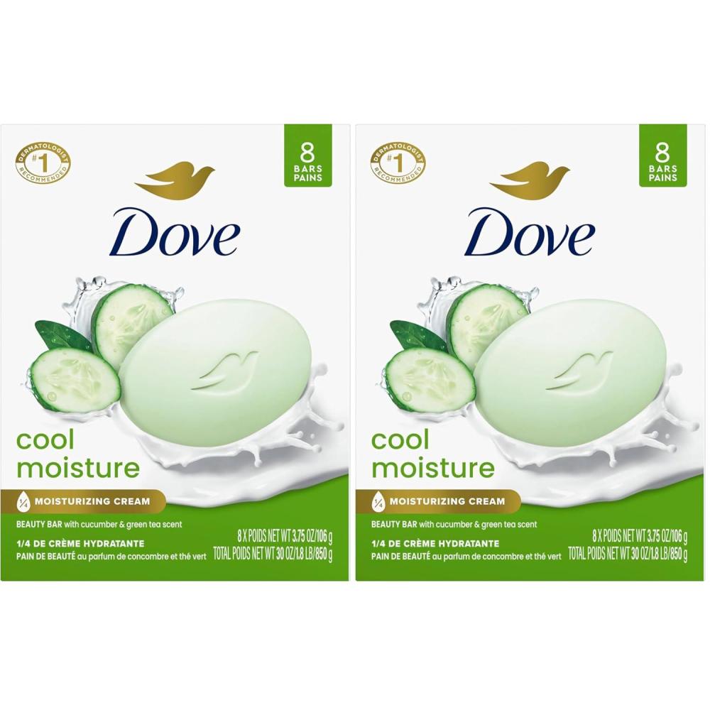 imageDove Beauty Bar Soap Cool Moisture Cucumber amp Green Tea Scent 8 Bars for Refreshed Skin Leaves Skin Refreshed 375 oz375 Ounce Pack of 16