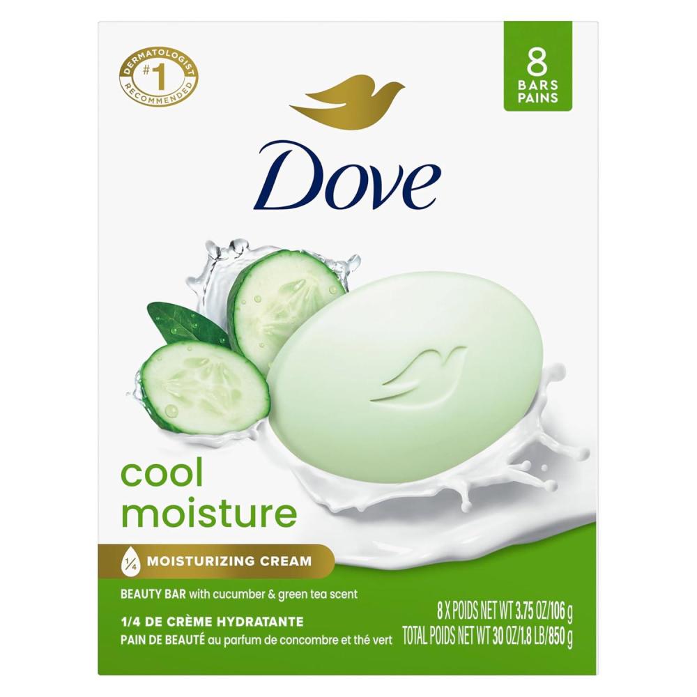 imageDove Beauty Bar Soap Cool Moisture Cucumber amp Green Tea Scent 8 Bars for Refreshed Skin Leaves Skin Refreshed 375 oz375 Ounce Pack of 8