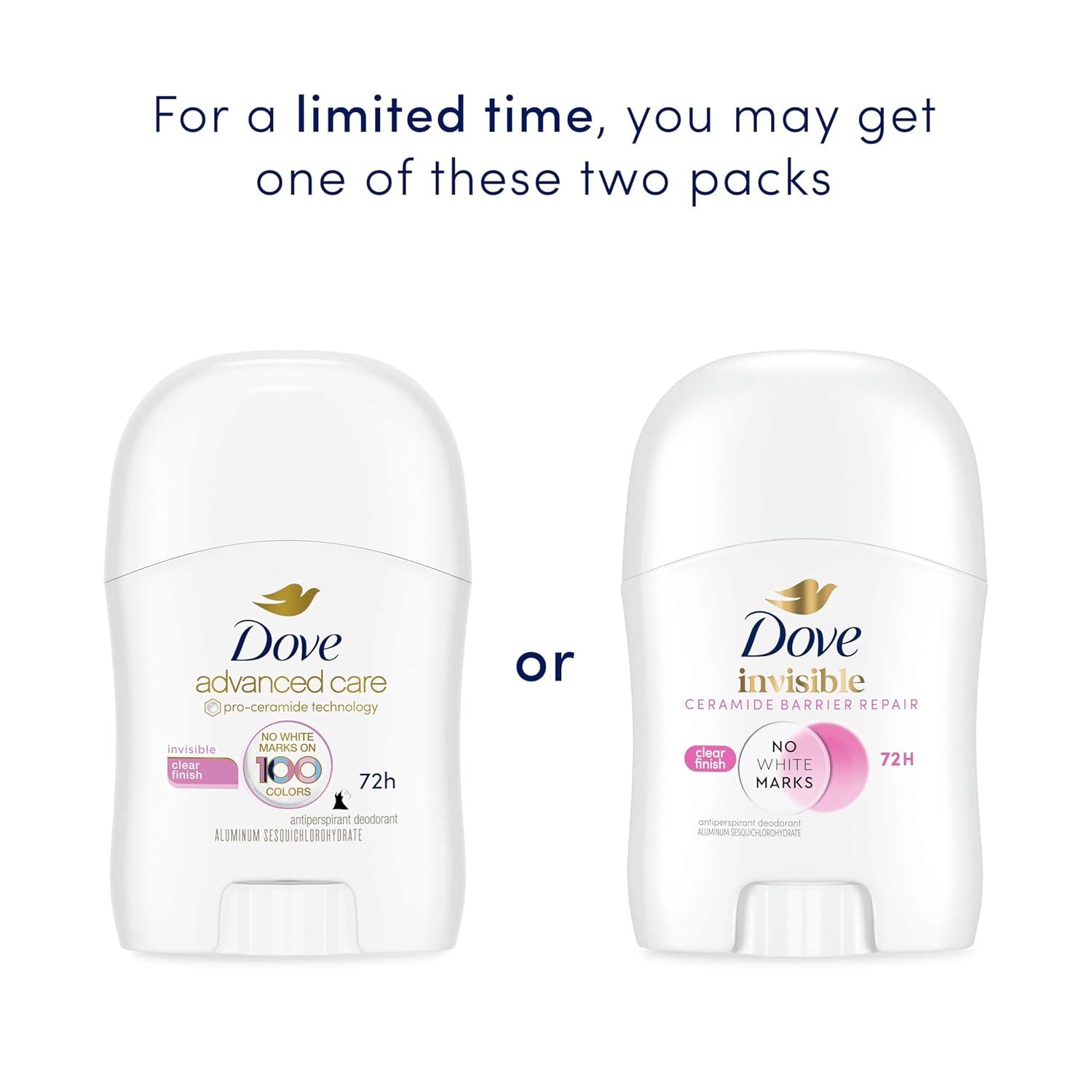 imageDove Advanced Care Antiperspirant Deodorant Stick for Women Pack of 36 Clear Finish Trial and Travel Size 05 oz05 Ounce Pack of 36