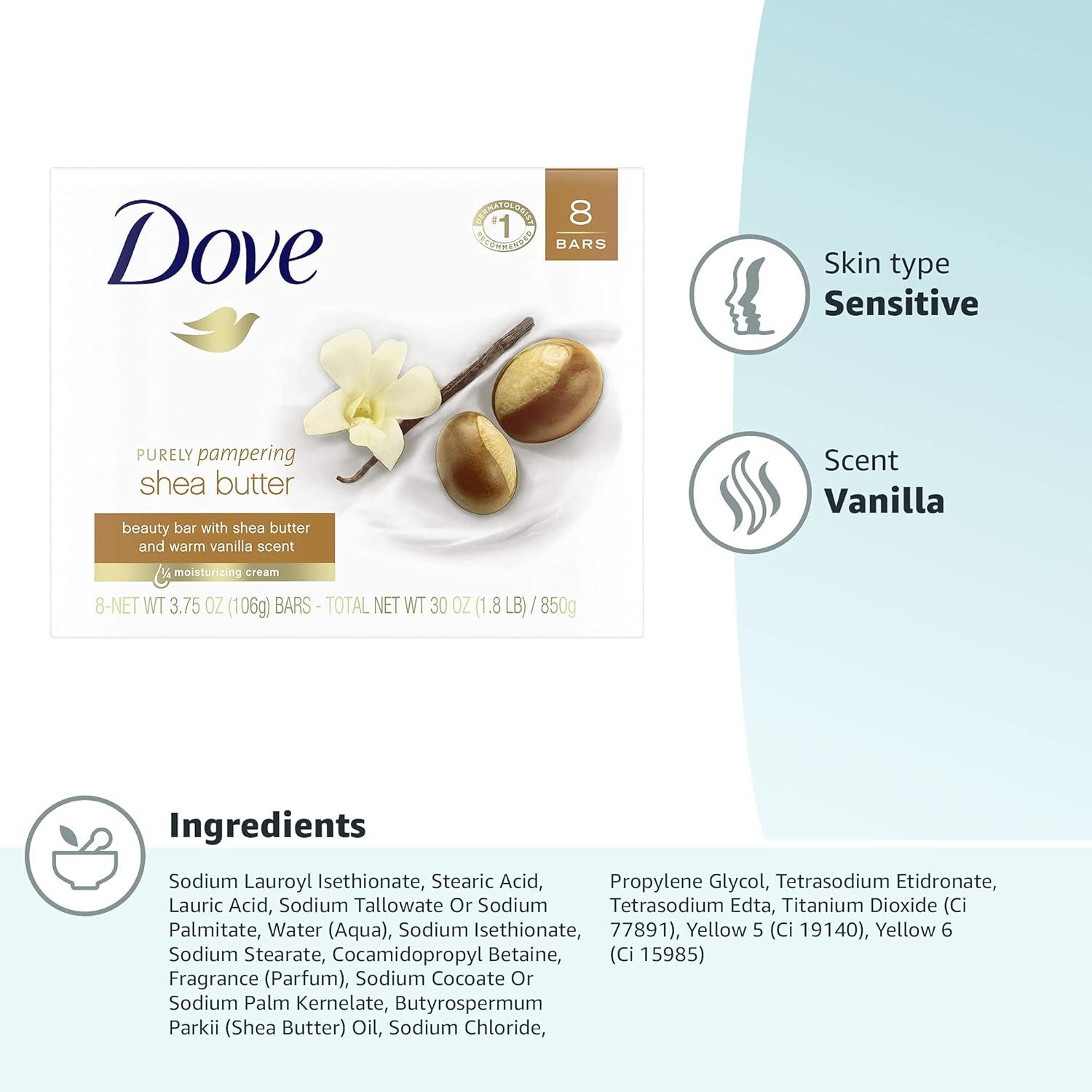 imageDove Beauty Bar Soap Shea Butter 8 Bars for Nourished Radiant Skin Enriches Skin 375 oz375 Ounce Pack of 72