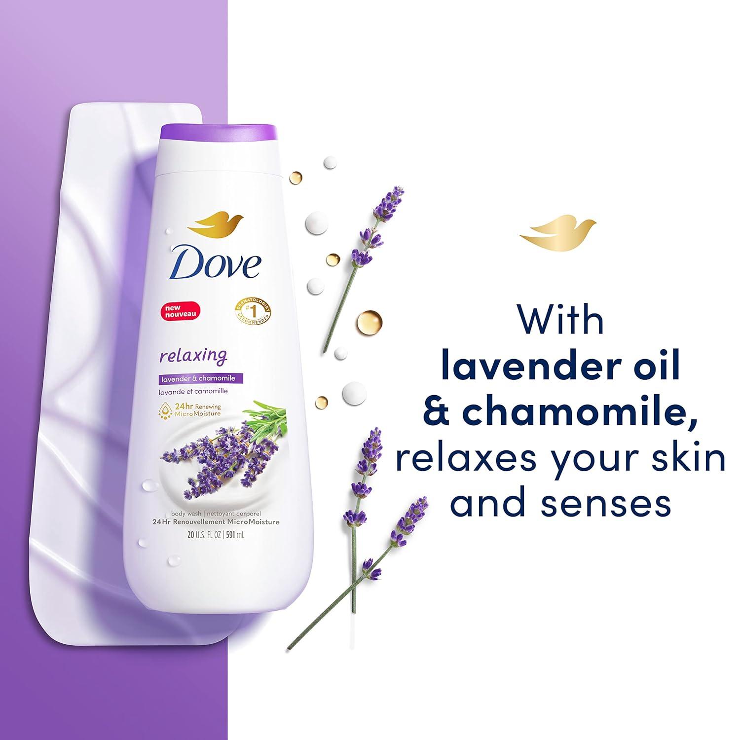 imageDove Body Wash 4 Count Relaxing Lavender Oil amp Chamomile for Renewed HealthyLooking Skin Gentle Skin Cleanser with 24hr Renewing MicroMoisture 20 oz