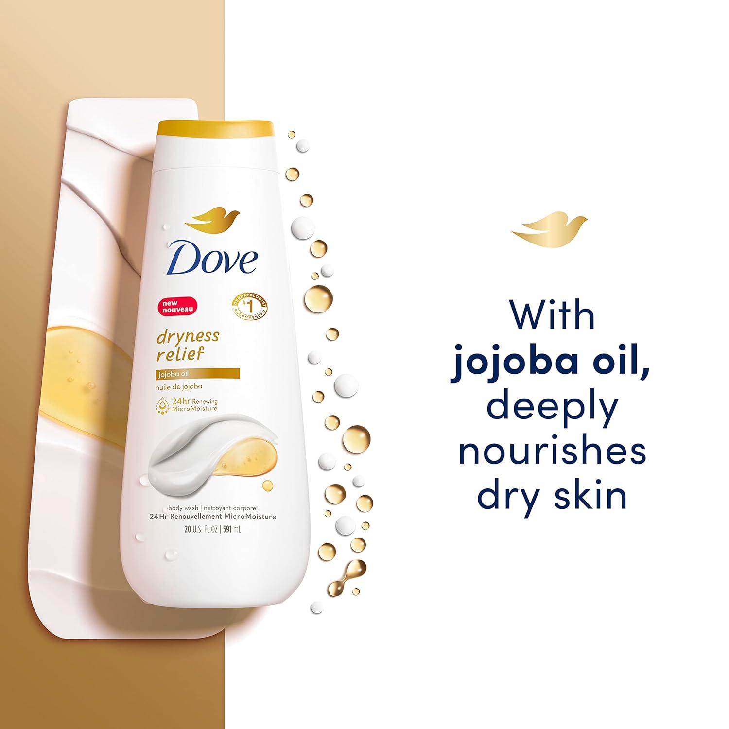 imageDove Body Wash Dryness Relief Jojoba Oil 4 Count for Renewed HealthyLooking Skin Gentle Skin Cleanser with 24hr Renewing MicroMoisture 20 oz