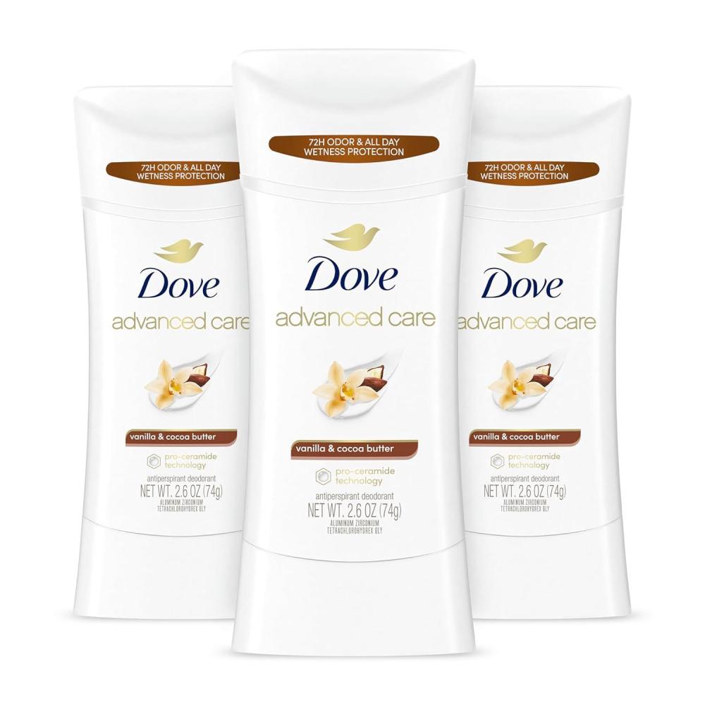 imageDove Advanced Care Antiperspirant Deodorant Stick Vanilla amp Cocoa Butter 3 Count Antiperspirant deodorant with ProCeramide Technology 72hour odor control and allday sweat protection 26 ozVanilla and Cocoa Butter