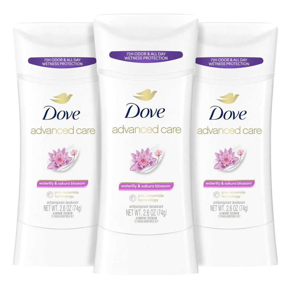 imageDove Advanced Care Antiperspirant Deodorant Stick Vanilla amp Cocoa Butter 3 Count Antiperspirant deodorant with ProCeramide Technology 72hour odor control and allday sweat protection 26 ozWaterlily and Sakura Blossom