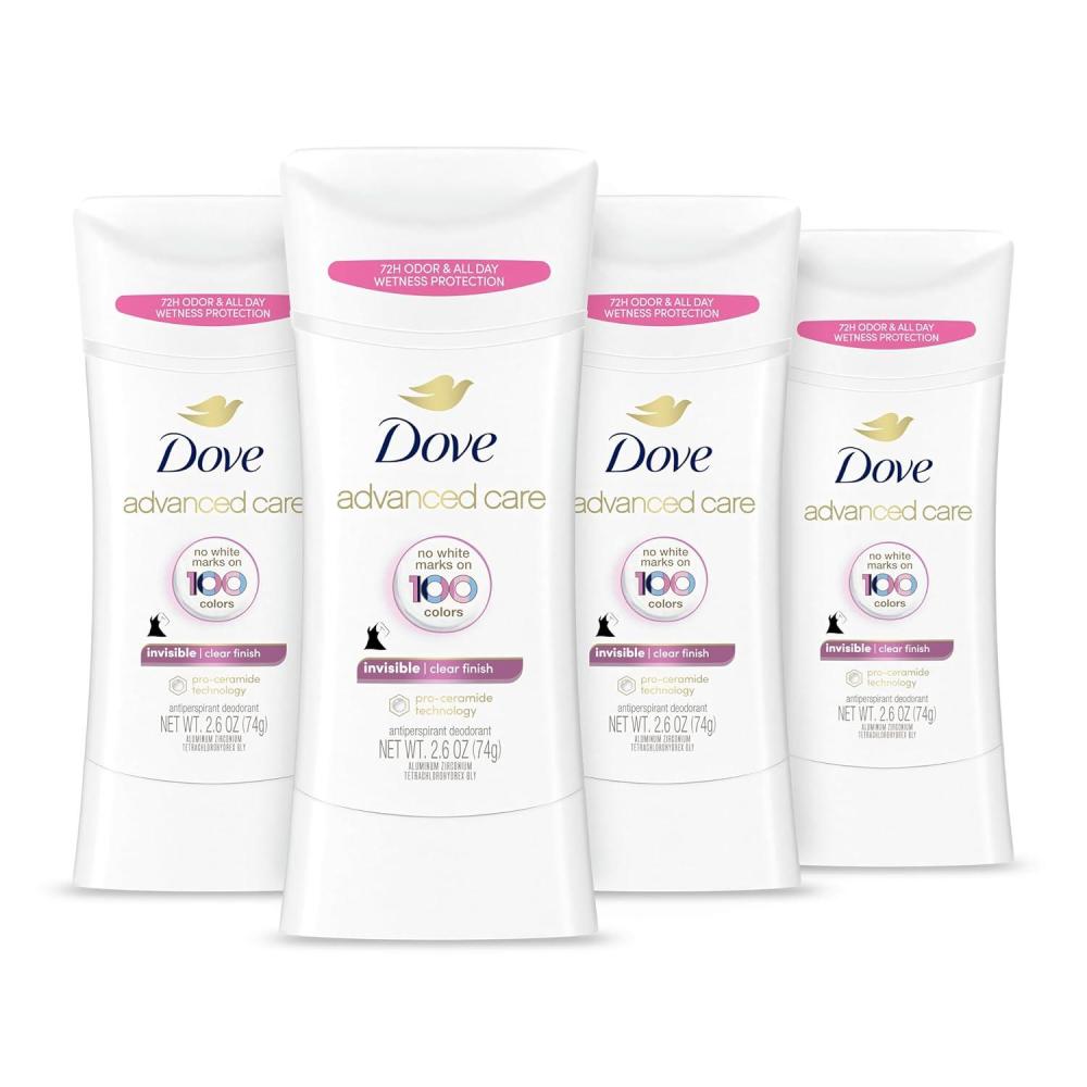 imageDove Advanced Care Antiperspirant Deodorant Stick for Women Pack of 36 Clear Finish Trial and Travel Size 05 oz26 Ounce Pack of 4