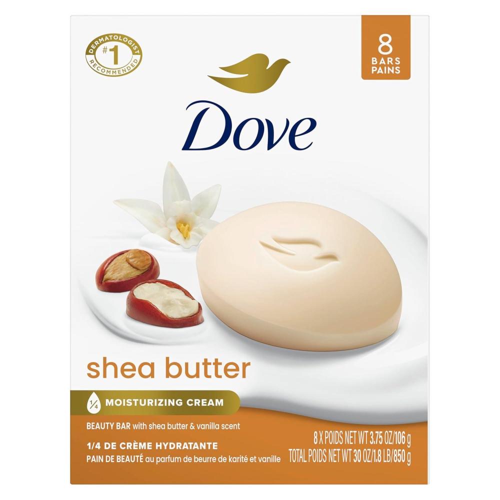 imageDove Beauty Bar Soap Shea Butter 8 Bars for Nourished Radiant Skin Enriches Skin 375 oz375 Ounce Pack of 72