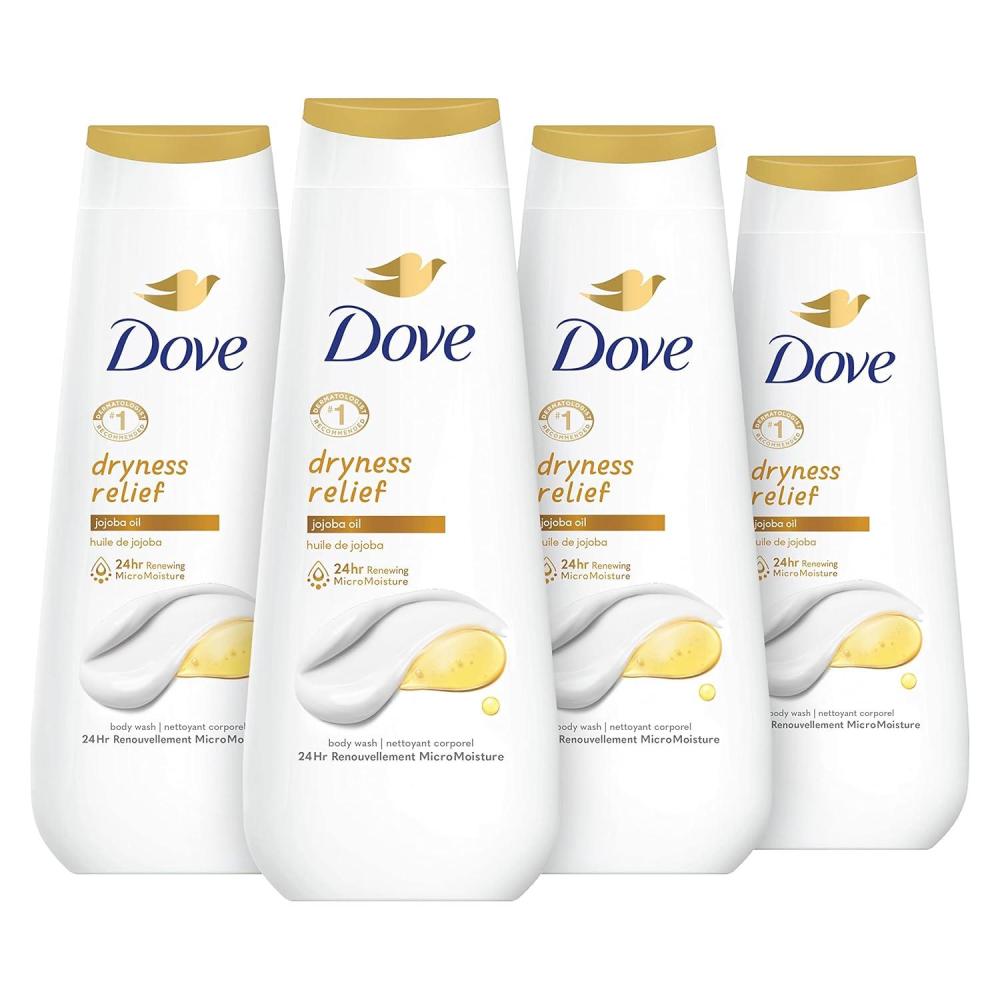 imageDove Body Wash Dryness Relief Jojoba Oil 4 Count for Renewed HealthyLooking Skin Gentle Skin Cleanser with 24hr Renewing MicroMoisture 20 oz