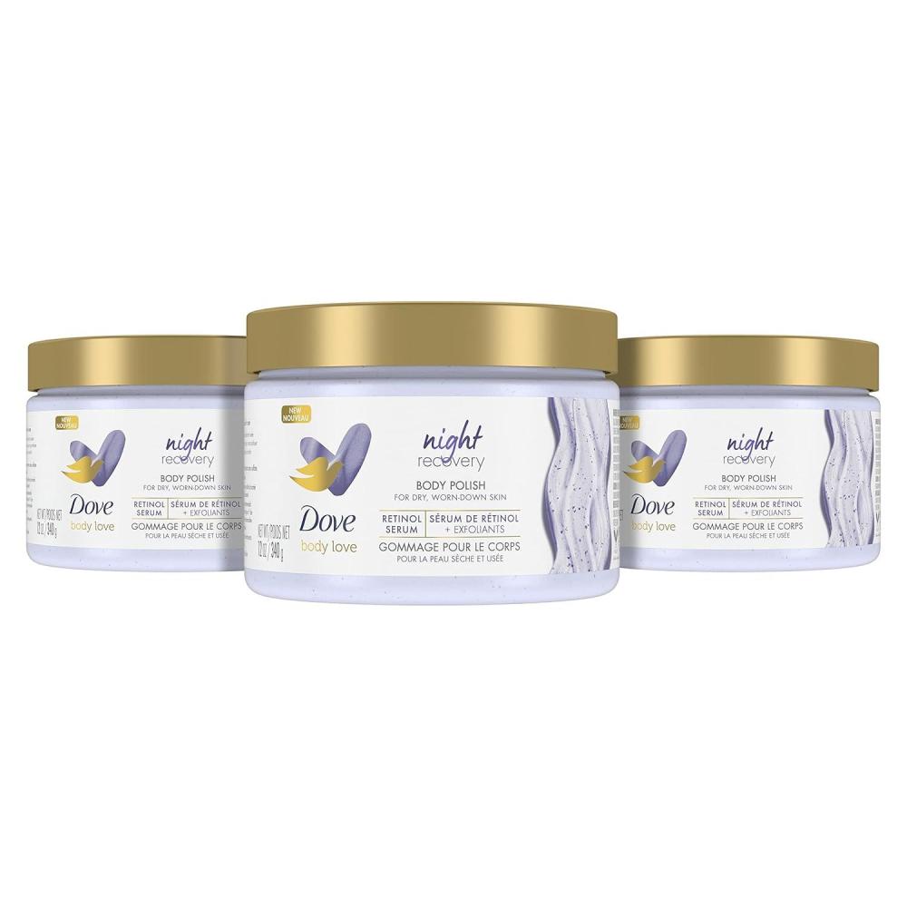 imageDove Body Love Body Polish Night Recovery 3 Count for Dry WornDown Skin Body Scrub with Retinol and Botanical Oils for Silky Smooth Skin 12 oz