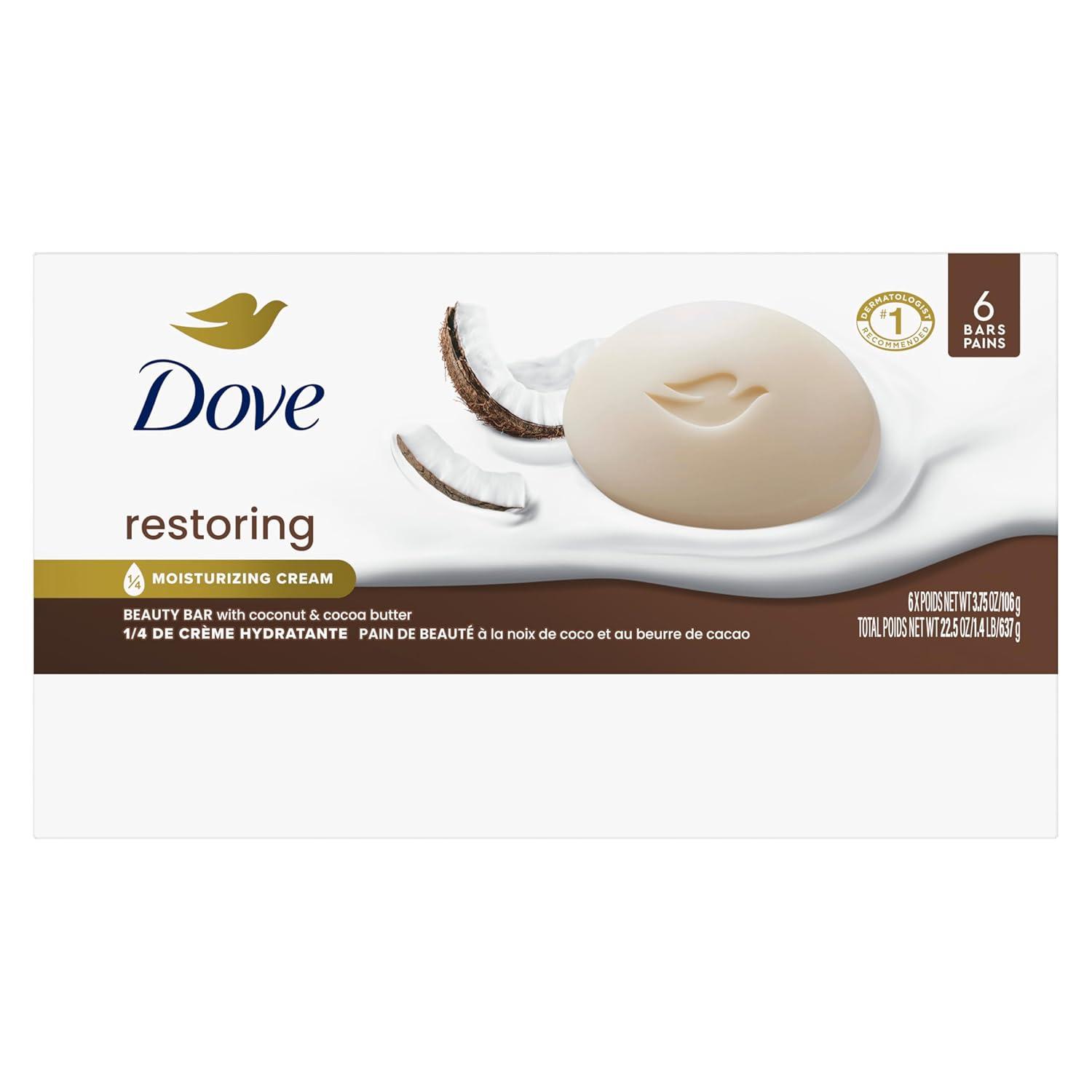 imageDove Beauty Bar Soap Restoring Coconut amp Cocoa Butter 6 Count for Restored Skin Nourishes Skin 375 ozCoconut Cocoa Butter