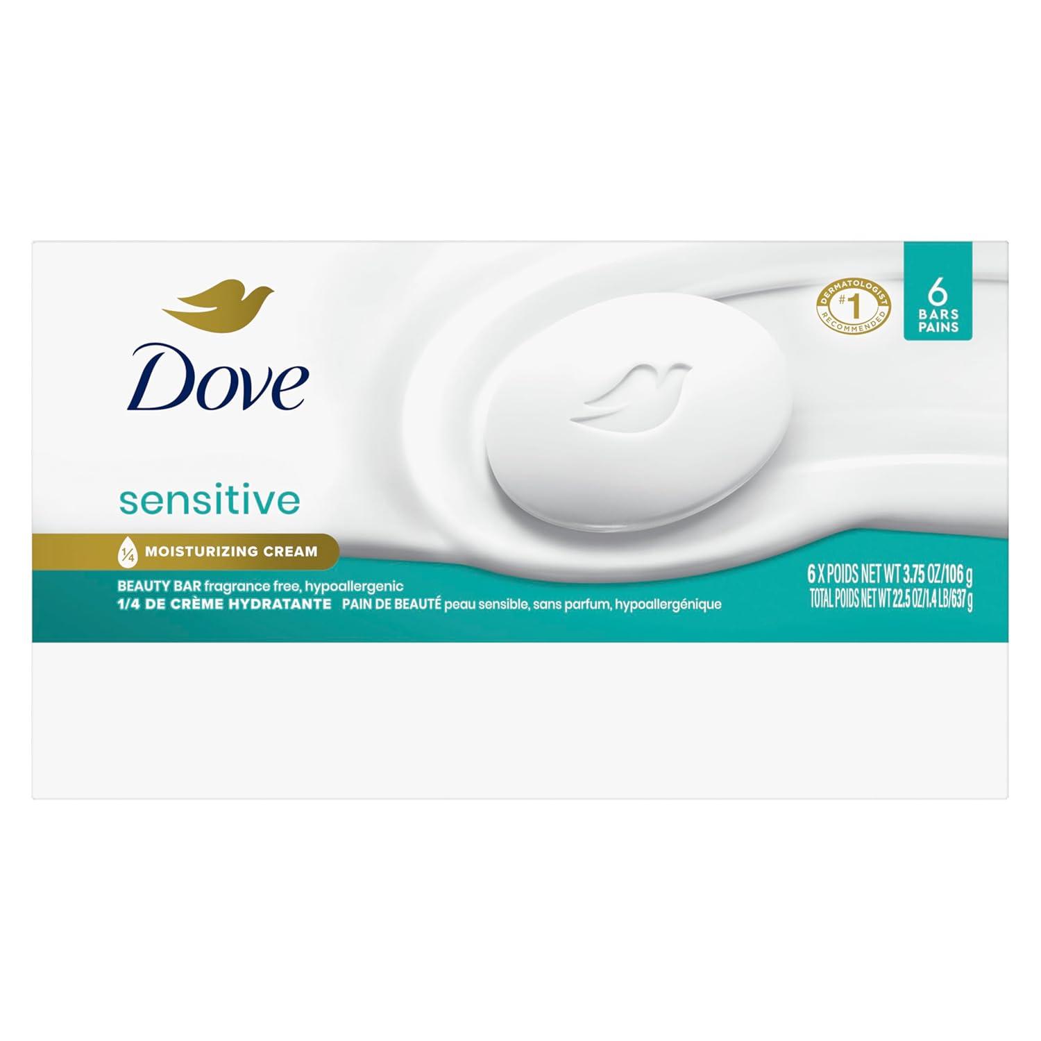 imageDove Beauty Bar Soap Sensitive 6 Bars for Sensitive Skin Fragrance Free and Hypoallergenic 375 oz375 Ounce Pack of 6