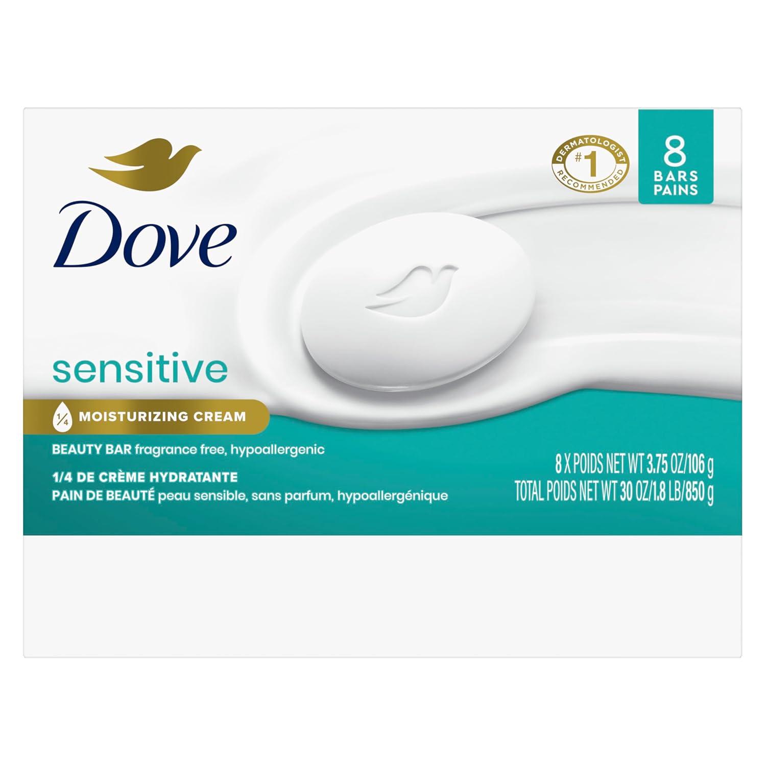 imageDove Beauty Bar Soap Sensitive 6 Bars for Sensitive Skin Fragrance Free and Hypoallergenic 375 oz375 Ounce Pack of 8