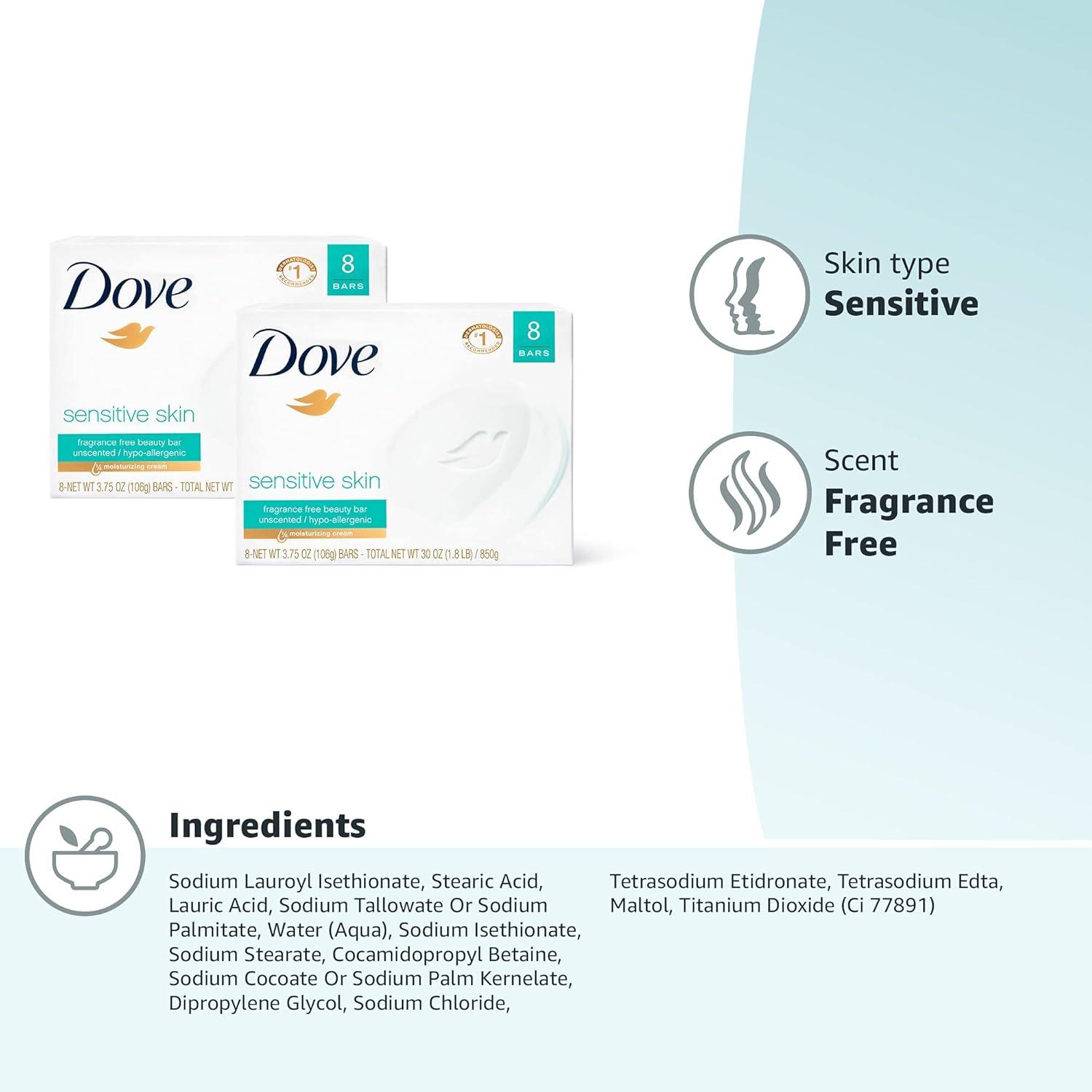 imageDove Beauty Bar Soap Sensitive 8 Bars for Sensitive Skin Fragrance Free and Hypoallergenic 375 ozUnscented