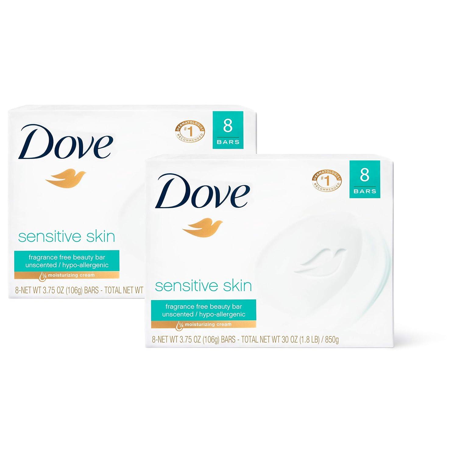 imageDove Beauty Bar Soap Sensitive 8 Bars for Sensitive Skin Fragrance Free and Hypoallergenic 375 ozUnscented