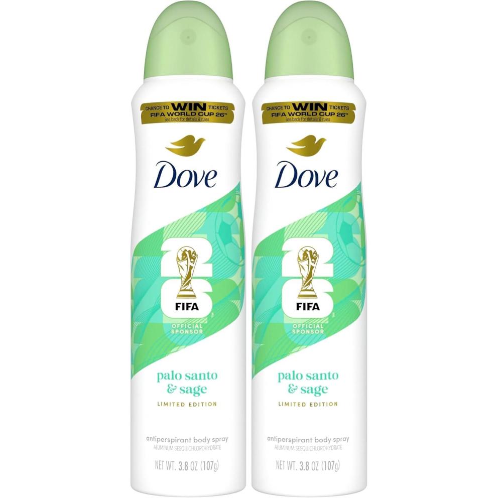 imageDove Advanced Care Dry Spray Antiperspirant Palo Santo amp Sage 72h Sweat amp Odor Protection Alcohol Free FIFA World Cup Limited Edition 38 oz38 Ounce Pack of 2