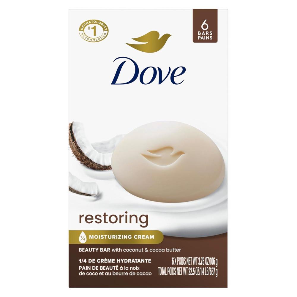 imageDove Beauty Bar Soap Restoring Coconut amp Cocoa Butter 6 Count for Restored Skin Nourishes Skin 375 ozCoconut Cocoa Butter
