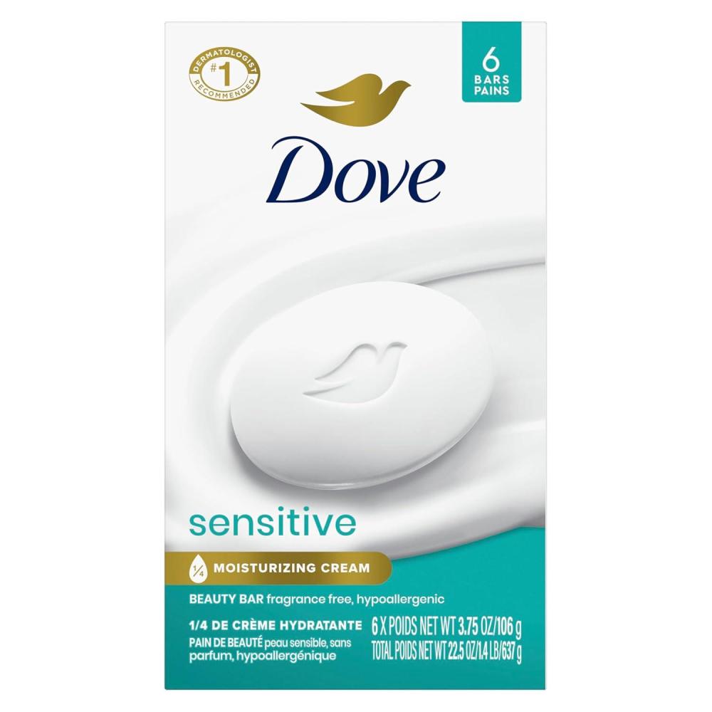 imageDove Beauty Bar Soap Sensitive 6 Bars for Sensitive Skin Fragrance Free and Hypoallergenic 375 oz375 Ounce Pack of 6