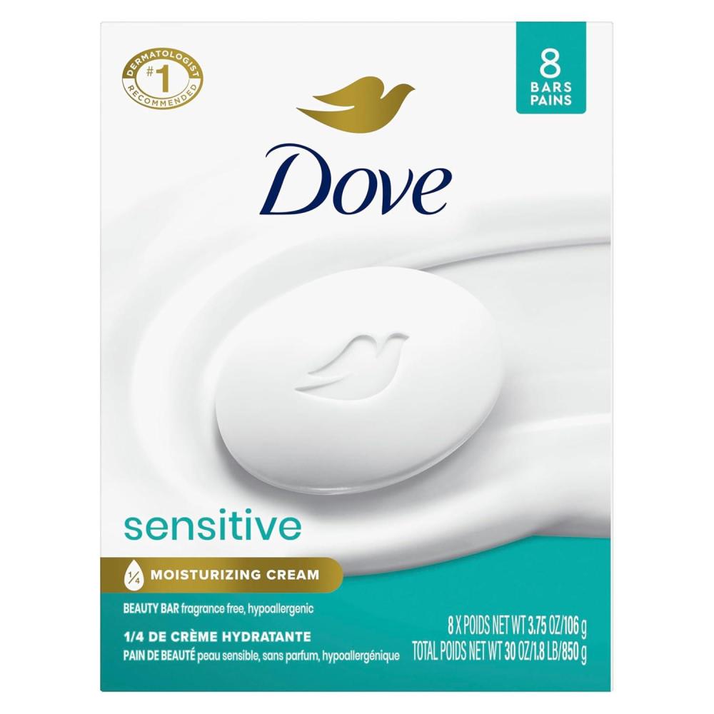 imageDove Beauty Bar Soap Sensitive 6 Bars for Sensitive Skin Fragrance Free and Hypoallergenic 375 oz375 Ounce Pack of 8