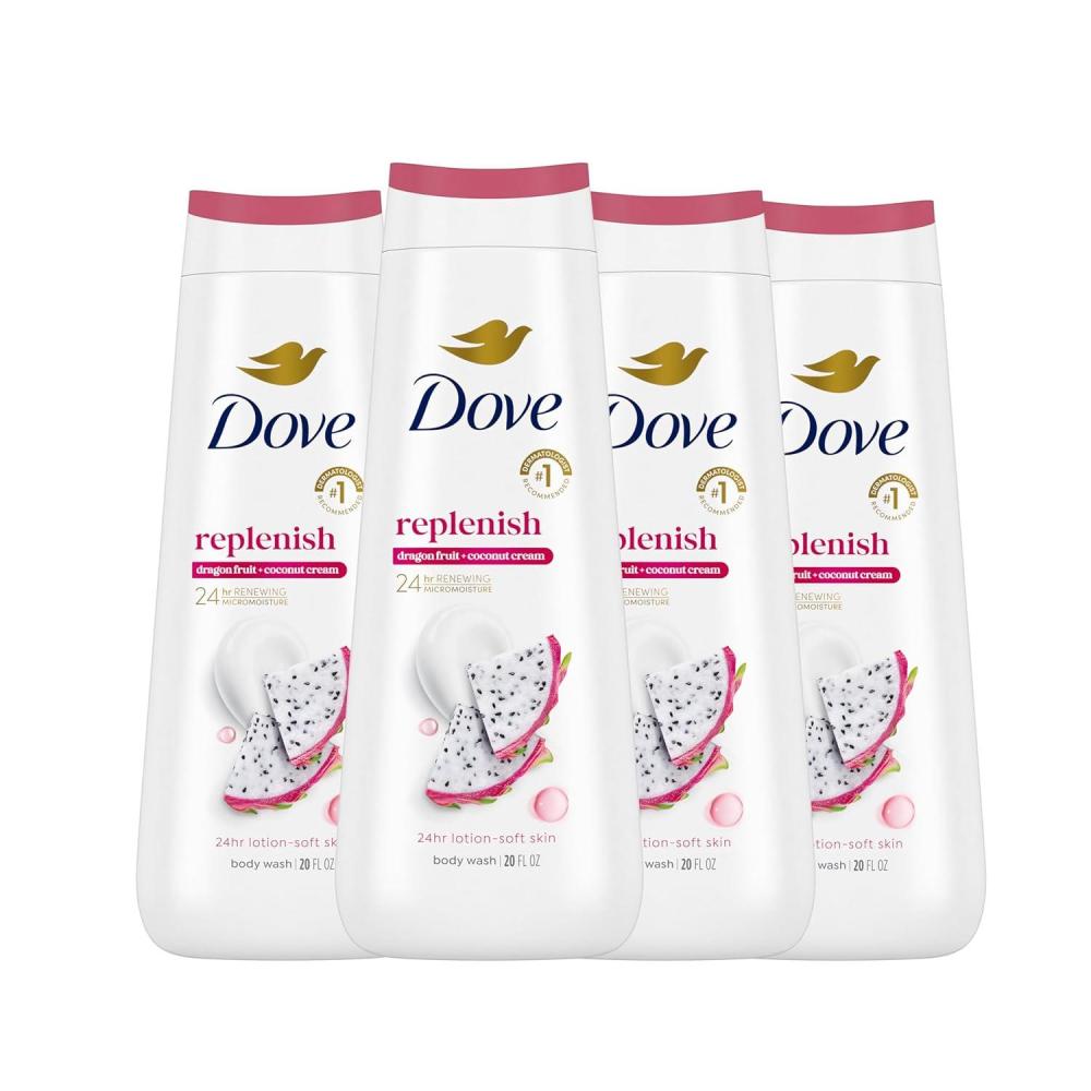 imageDove Body Wash 4 Count for 24hr LotionSoft Skin Replenish Dragon Fruit and Coconut Cream Moisturizing Skin Cleanser with No Sulfates No Parabens
