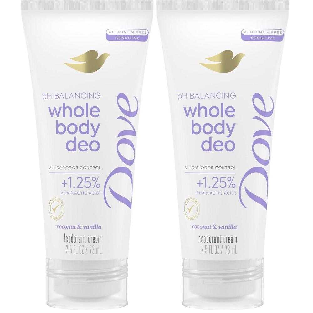 imageDove Whole Body Deo Aluminum Free pH Balancing Cream Deodorant Coconut amp Vanilla for 72h Odor Control 25 oz25 Fl Oz Pack of 2