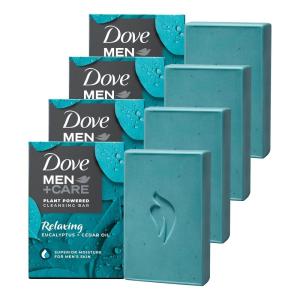 DOVE MEN + CARE Plant-Powered Natural Essential Oil Bar Soap Reinvigorating Lime + Avocado Oil to Clean and Hydrate Mens Skin 4-in-1 Bar Soap for Men’s Body, Hair, Face and Shave. 5 oz, 4 Count(Eucalyptus & Cedar Oil)