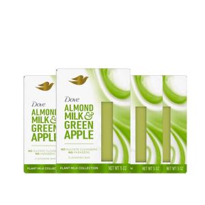 Dove Plant Milk Cleansing Bar Soap Almond Milk & Green Apple 4 count for Moisturized Skin Gentle Cleanser, No Sulfate Cleansers or Parabens, 98% Biodegradable Formula