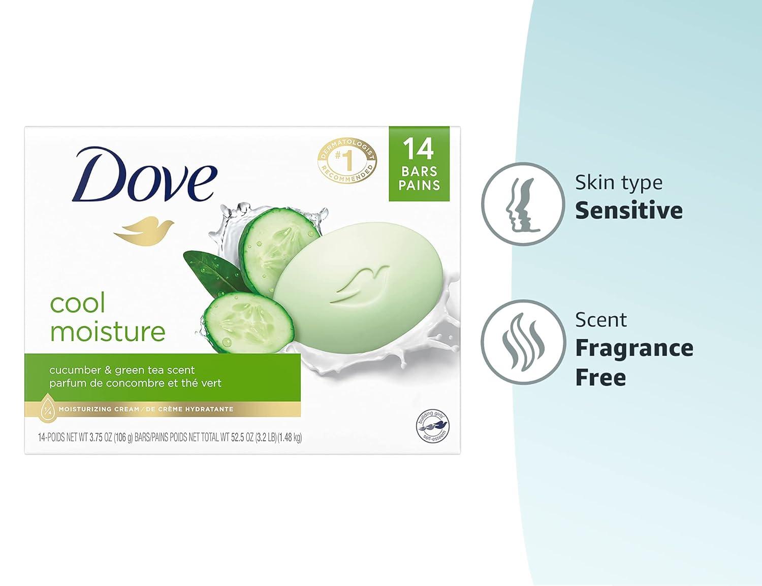 imageDove Beauty Bar Soap Cool Moisture Cucumber amp Green Tea Scent 6 Bars for Refreshed Skin Leaves Skin Refreshed 375 oz375 Ounce Pack of 14