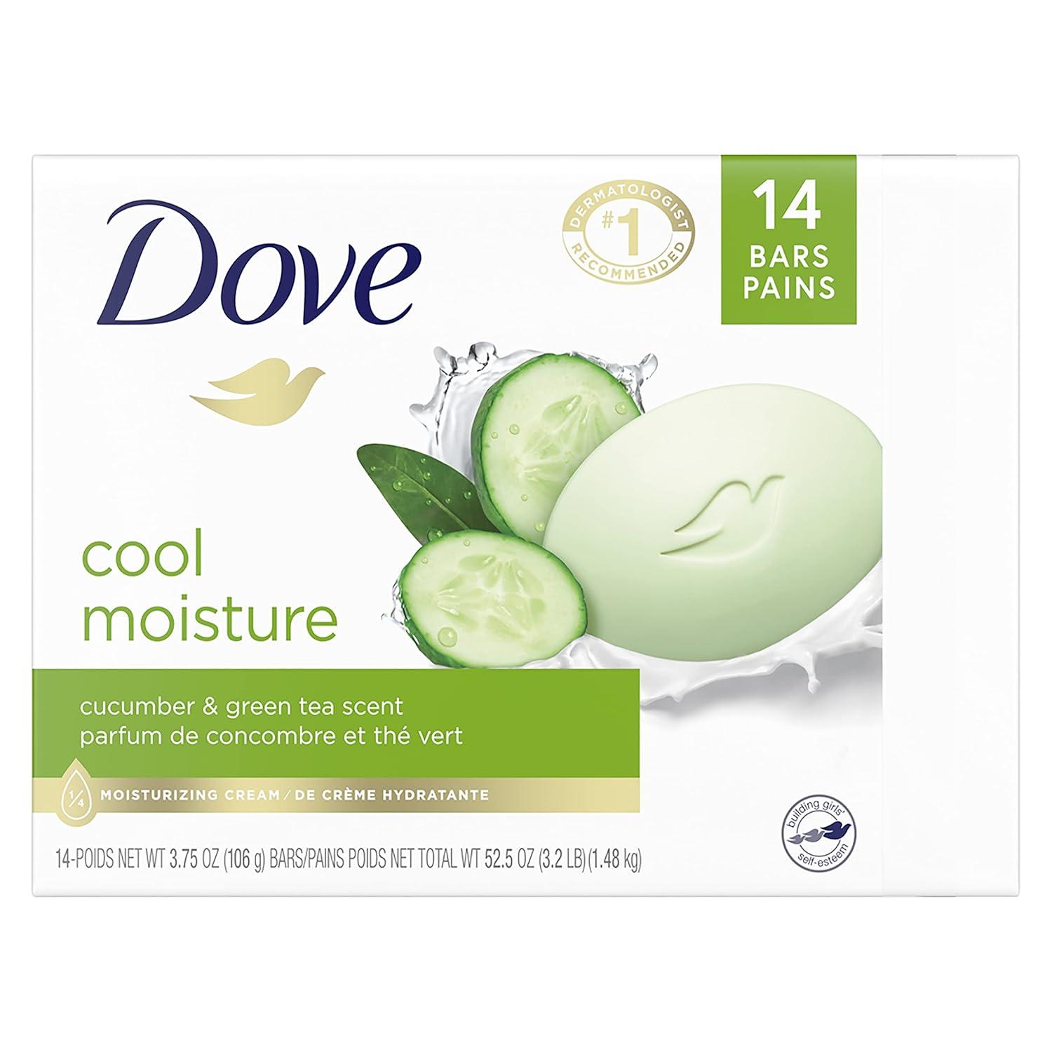 imageDove Beauty Bar Soap Cool Moisture Cucumber amp Green Tea Scent 6 Bars for Refreshed Skin Leaves Skin Refreshed 375 oz375 Ounce Pack of 14