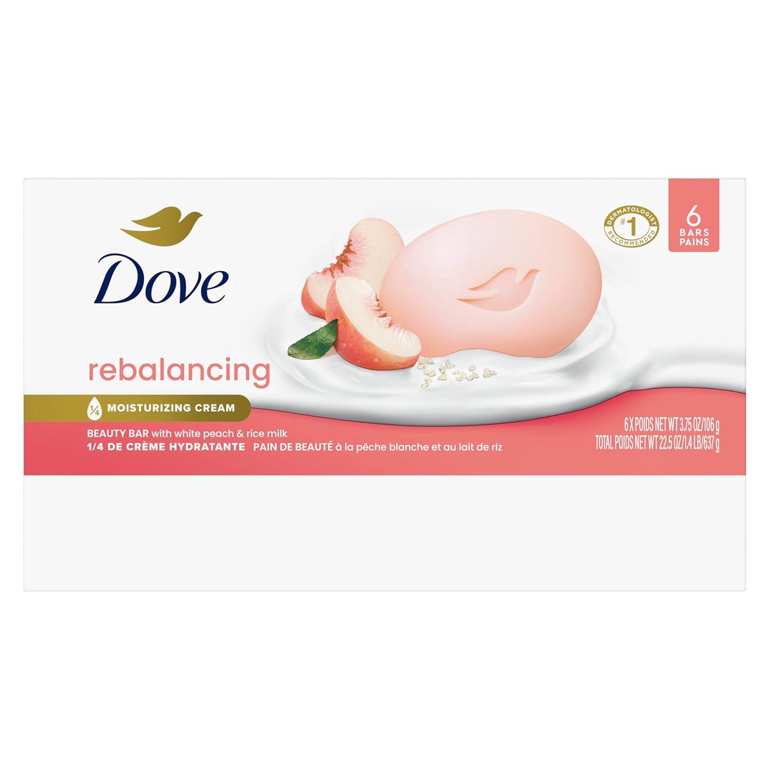 imageDove Beauty Bar Soap Rebalancing White Peach amp Rice Milk 6 Count for a Nourished and Moisturized Skin with Moisturizing Cream PlantBased Formula 375 ozWhite Peach Rice Milk