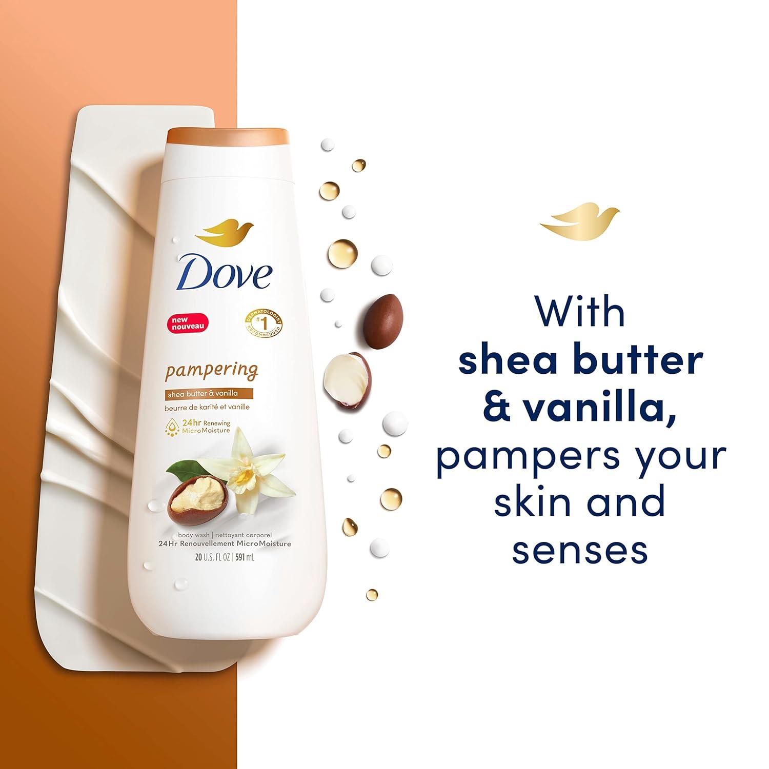 imageDove Body Wash 4 Count Pampering Shea Butter amp Vanilla for Renewed HealthyLooking Skin Gentle Skin Cleanser with 24hr Renewing MicroMoisture 20 oz