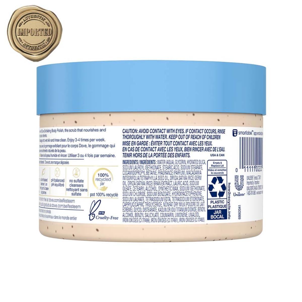 imageDove Scrub Macadamia amp Rice Milk Reveals Visibly Smoother Skin Body Scrub That Nourishes Skin 105 oz105 Ounce Pack of 1