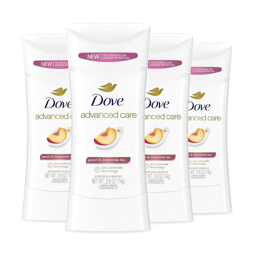 imageDove Advanced Care Antiperspirant Deodorant Stick Peach amp Chamomile Tea 4 Count for helping your skin barrier repair after shaving 72 hour odor control and allday sweat protection 26 oz