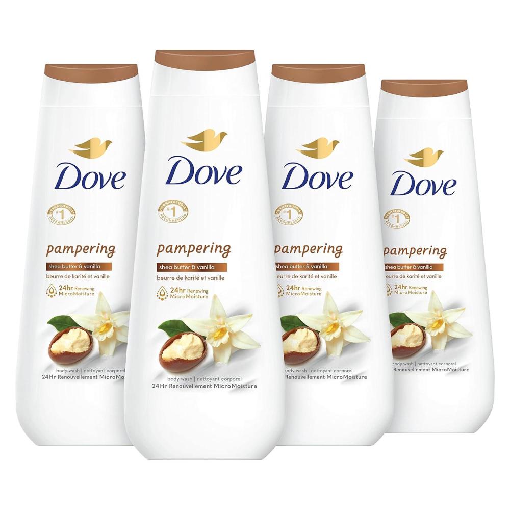 imageDove Body Wash 4 Count Pampering Shea Butter amp Vanilla for Renewed HealthyLooking Skin Gentle Skin Cleanser with 24hr Renewing MicroMoisture 20 oz