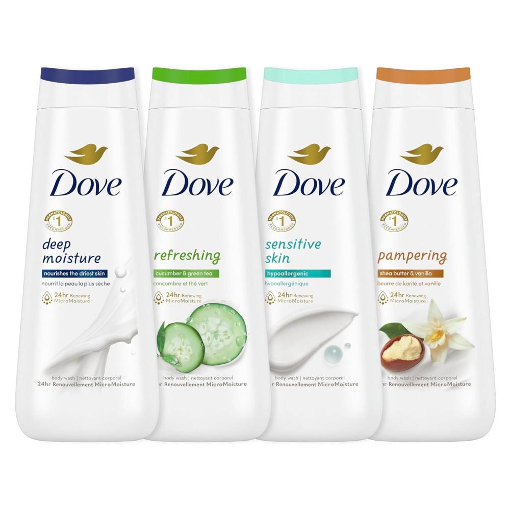 imageDove Body Wash Deep Moisture Sensitive Skin Cucumber and Green Tea and Shea Butter amp Vanilla Collection 4 Count Skin Cleanser with 24hr Renewing MicroMoisture 20 oz20 Fl Oz Pack of 4