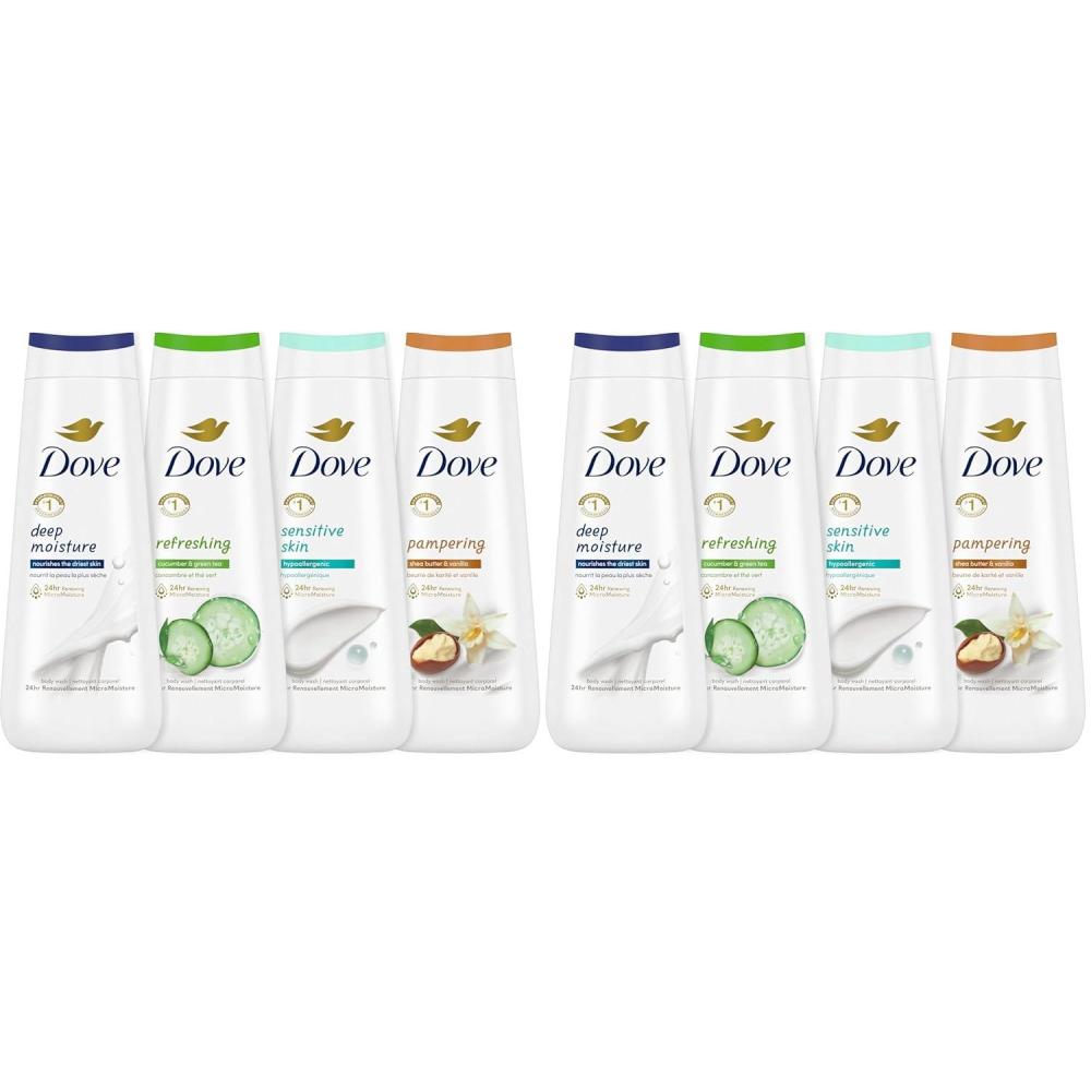 imageDove Body Wash Deep Moisture Sensitive Skin Cucumber and Green Tea and Shea Butter amp Vanilla Collection 4 Count Skin Cleanser with 24hr Renewing MicroMoisture 20 oz20 Fl Oz Pack of 8