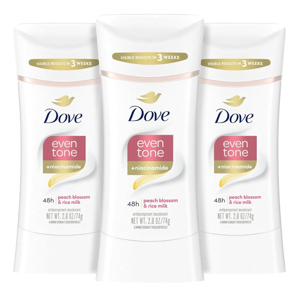 imageDove Even Tone Antiperspirant Deodorant Stick Peach Blossom amp Rice Milk 3 Count 26 oz26 Ounce Pack of 3