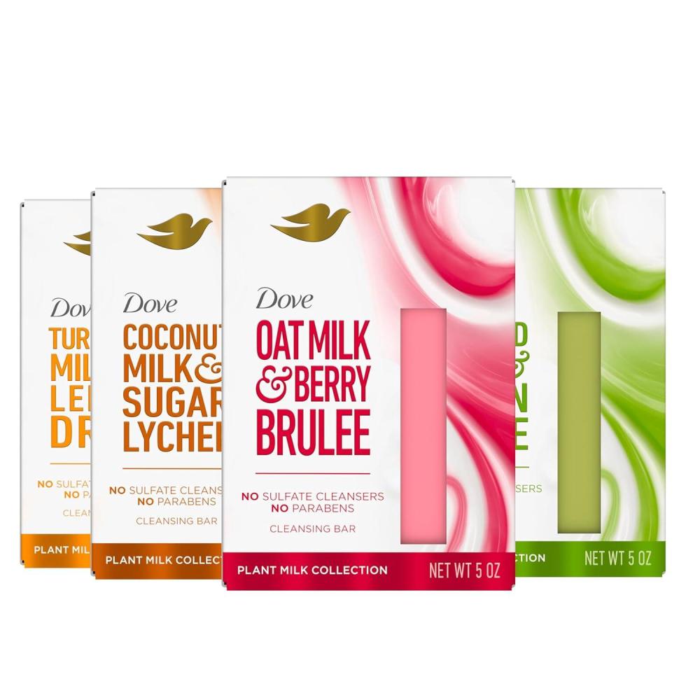 imageDove Plant Milk Cleansing Bar Soap Variety Pack 4 Count for Moisturized Skin with 100 Gentle Cleansers Sulfate Cleansers or Parabens 98 Biodegradable Formula