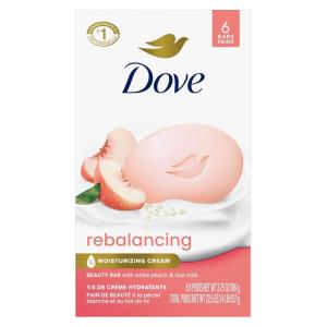 Dove Beauty Bar Soap Rebalancing White Peach & Rice Milk 6 Count for a Nourished and Moisturized Skin, with ¼ Moisturizing Cream Plant-Based Formula, 3.75 oz(White Peach & Rice Milk)