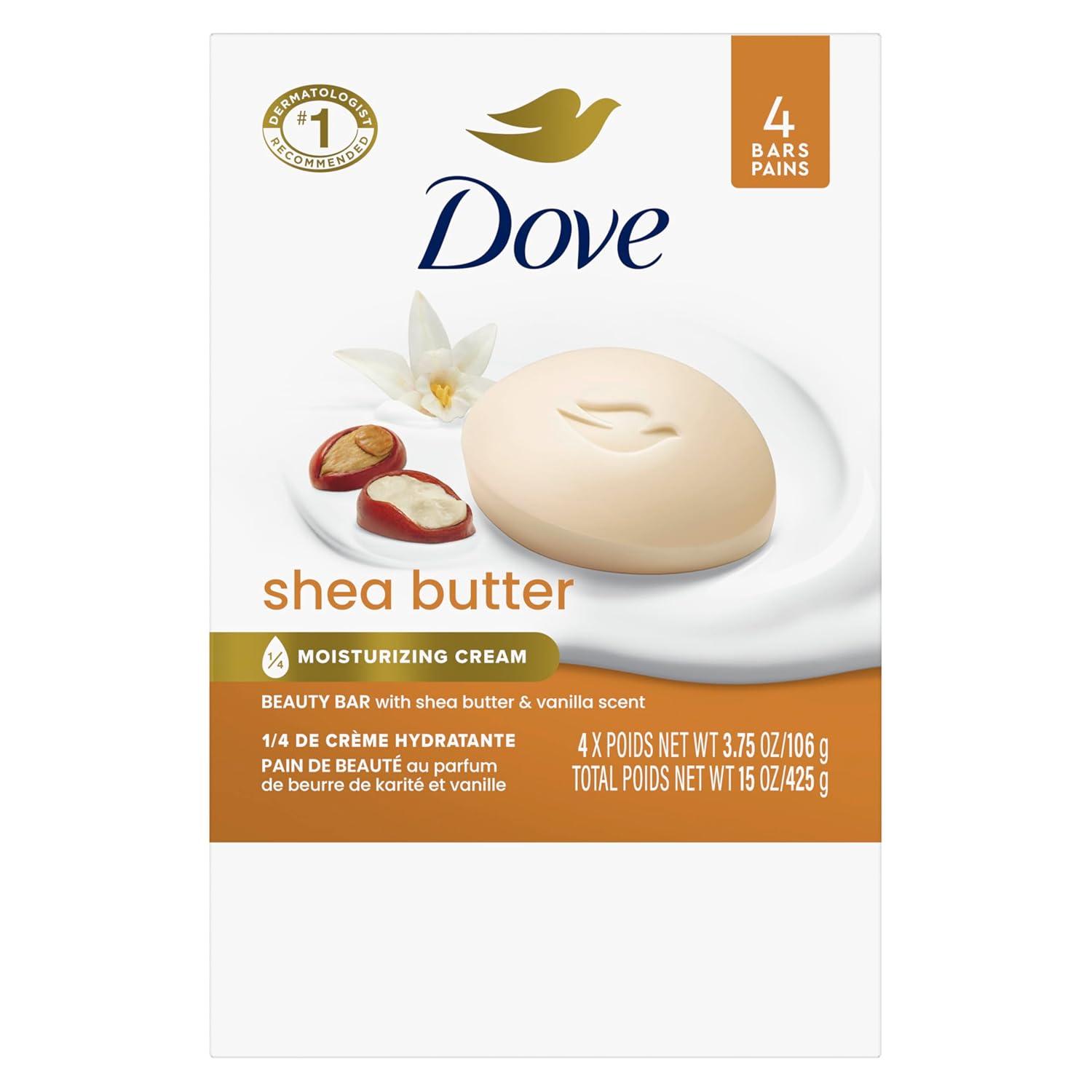 imageDove Beauty Bar Soap Shea Butter 4 Count for Nourished Radiant Skin Enriches Skin 375 oz1 Ounce Pack of 4