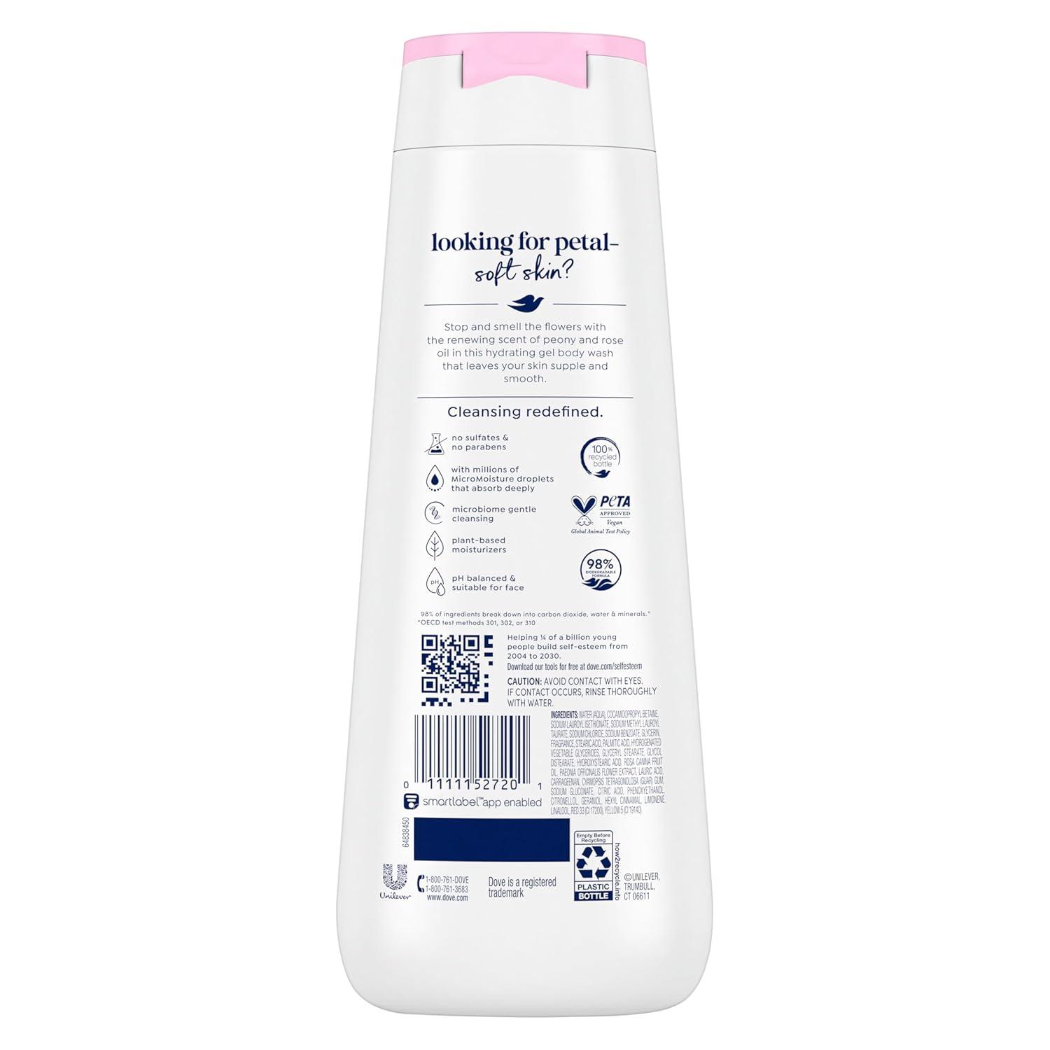 imageDove Body Wash 100 Gentle Cleansers Sulfate Free Peony and Rose Oil Effectively Washes Away Bacteria While Nourishing Your Skin 22 Fl Oz Pack of 4Peony and Rose Oil