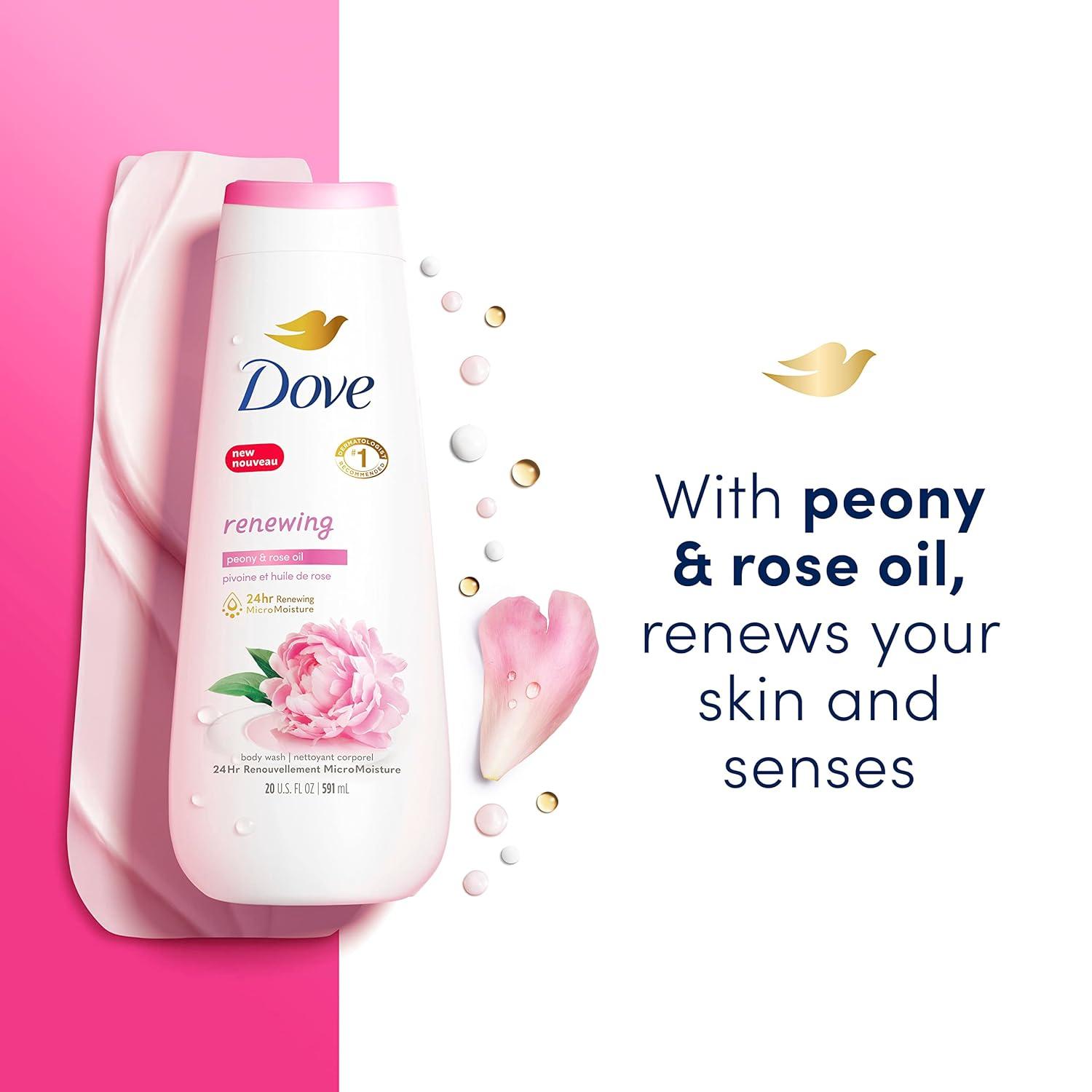 imageDove Body Wash 4 Count Renewing Peony and Rose Oil for Renewed HealthyLooking Skin Gentle Skin Cleanser with 24hr Renewing MicroMoisture 20 oz