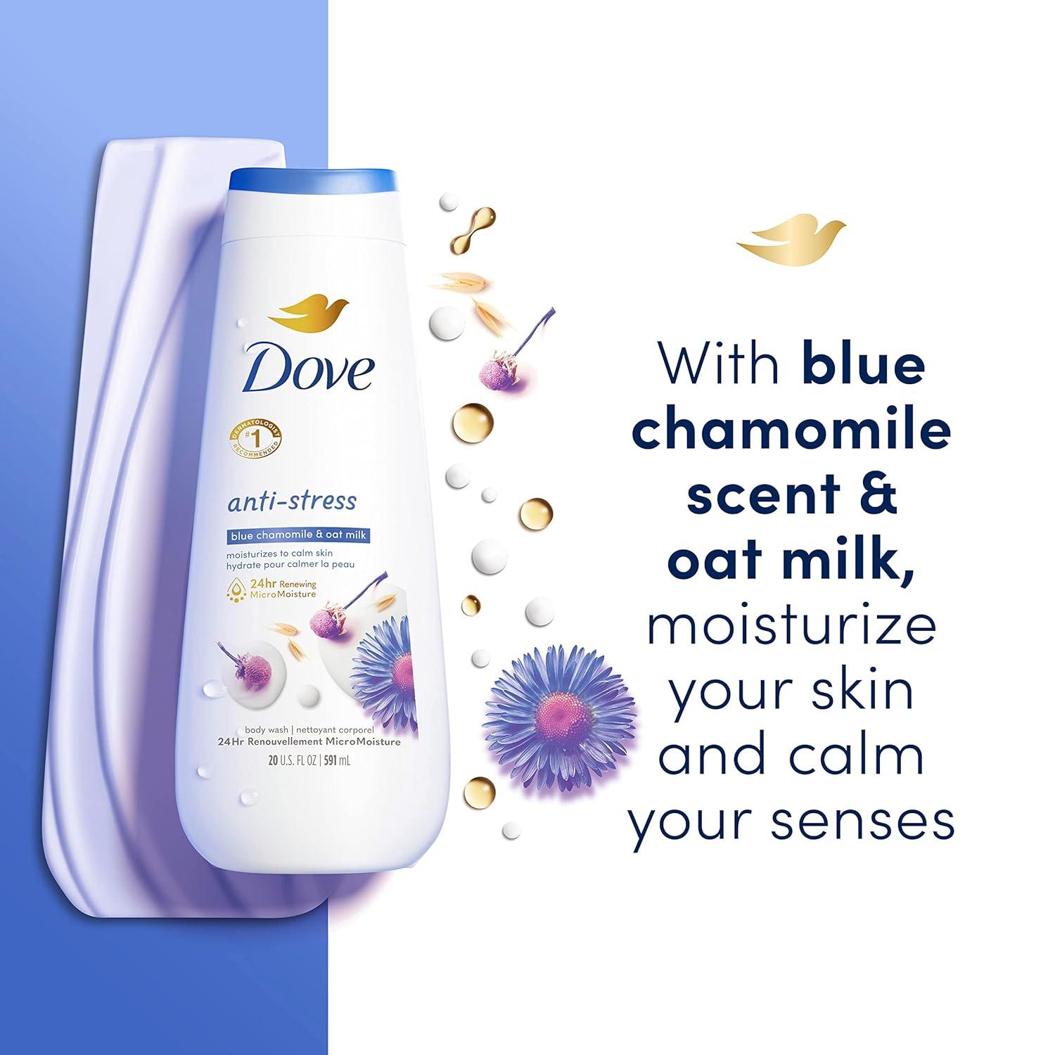 imageDove Body Wash AntiStress Blue Chamomile amp Oat Milk 4 Count for Renewed HealthyLooking Skin Moisturizing Gentle Skin Cleanser with 24hr Renewing MicroMoisture 20 ozBlue Chamomile Oat Milk
