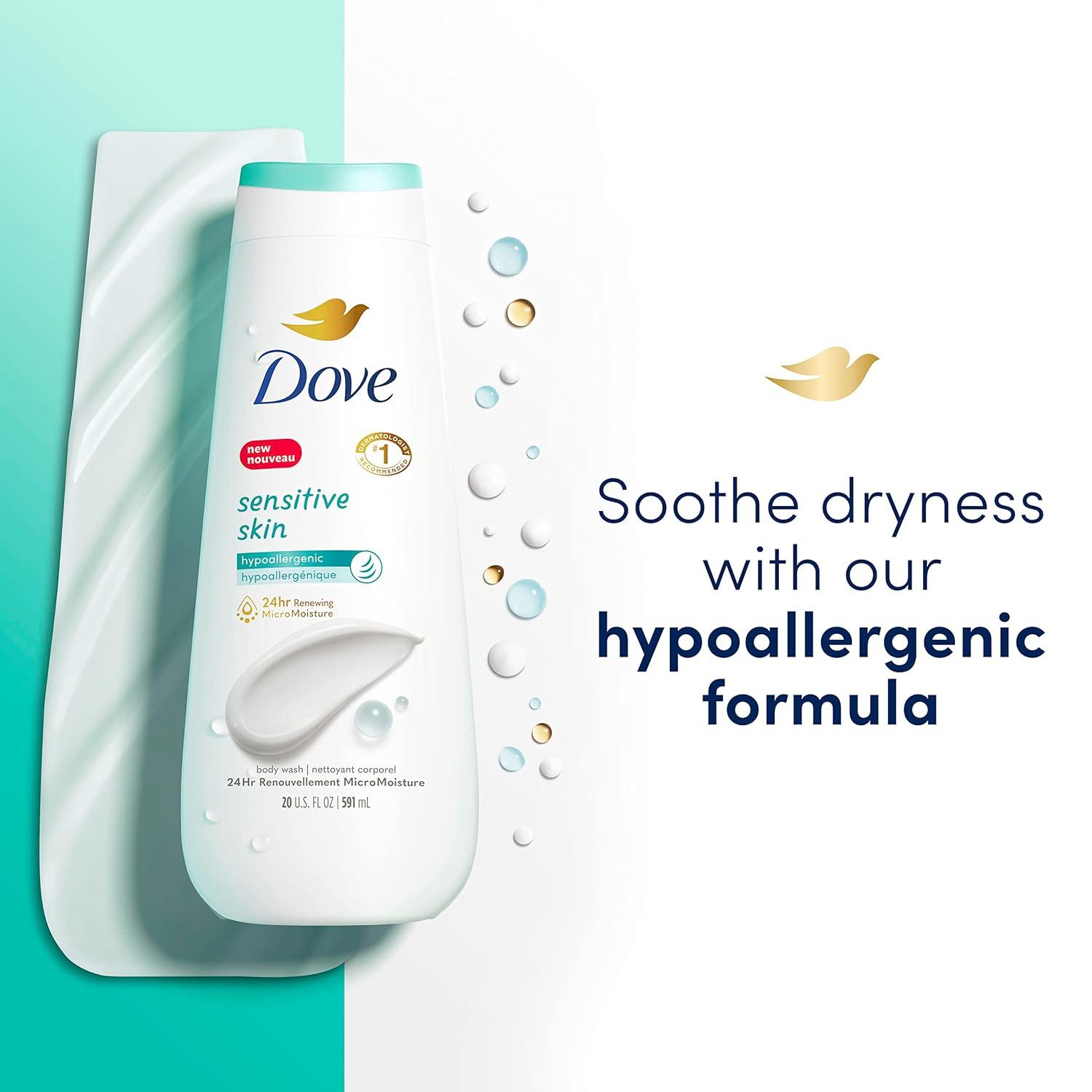 imageDove Body Wash Sensitive Skin 4 Count Hypoallergenic ParabenFree SulfateFree CrueltyFree Moisturizing Skin Cleanser Effectively Washes Away Bacteria While Nourishing Skin 20 oz20 Fl Oz Pack of 8