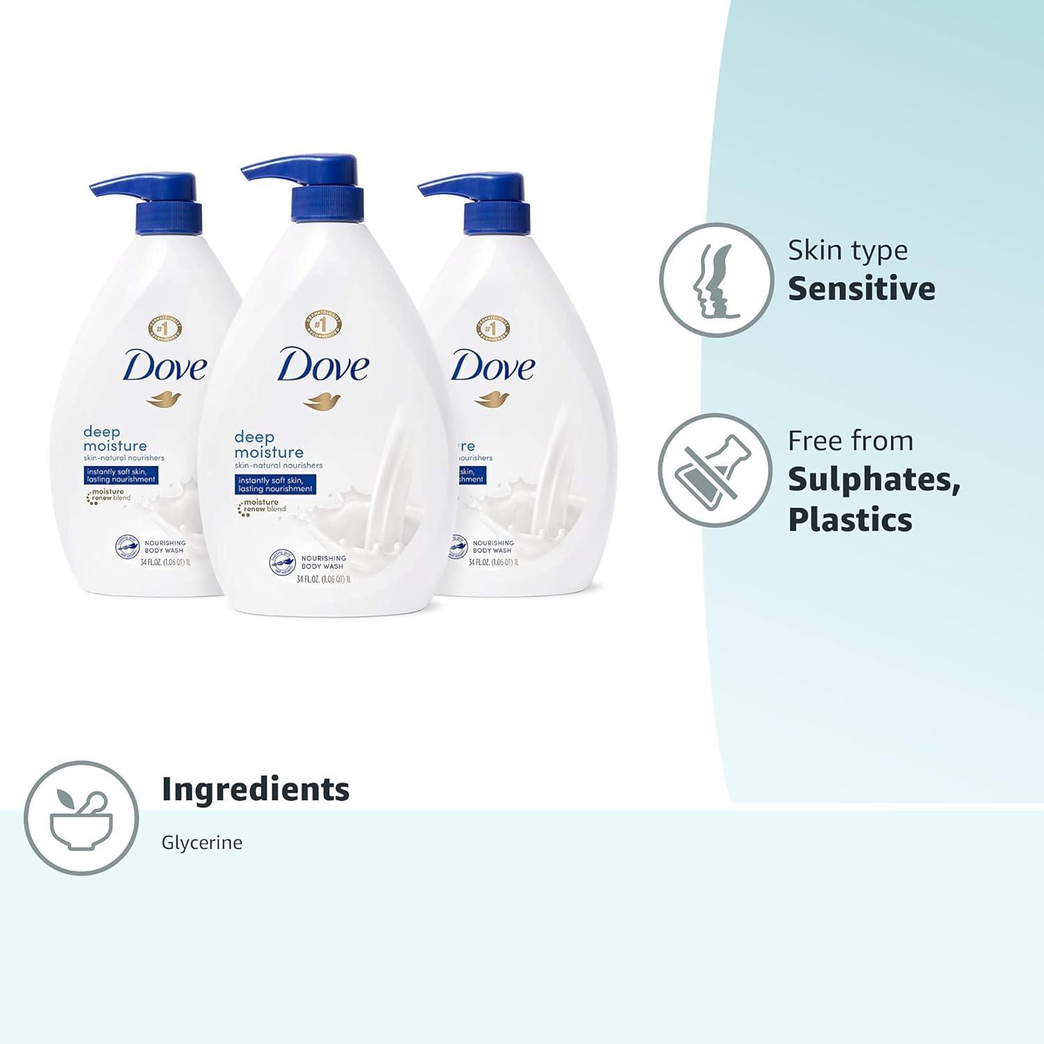 imageDove Body Wash with Pump with Skin Natural Nourishers for Instantly Soft Skin and Lasting Nourishment Deep Moisture Cleanser That Effectively Washes Away Bacteria While Nourishing Your Skin 34 oz 3 Count34 Fl Oz Pack of 3