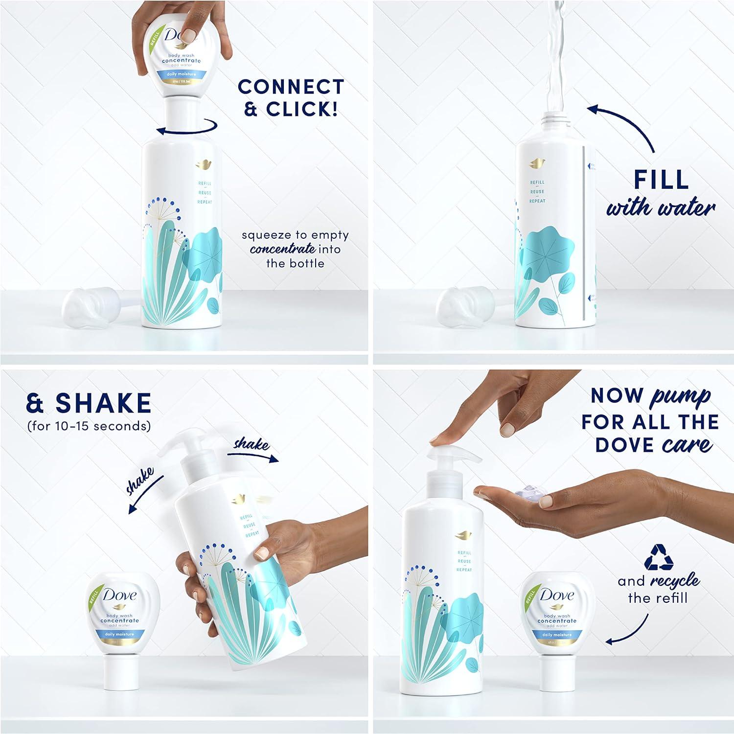 imageDove Concentrate Refills x2 and 100 percent Recycled Reusable Bottle for Instantly Soft Skin Daily Moisture Starter Kit for Lasting Nourishment Body Care 4 fl oz makes 16 fl oz1 Count Pack of 1