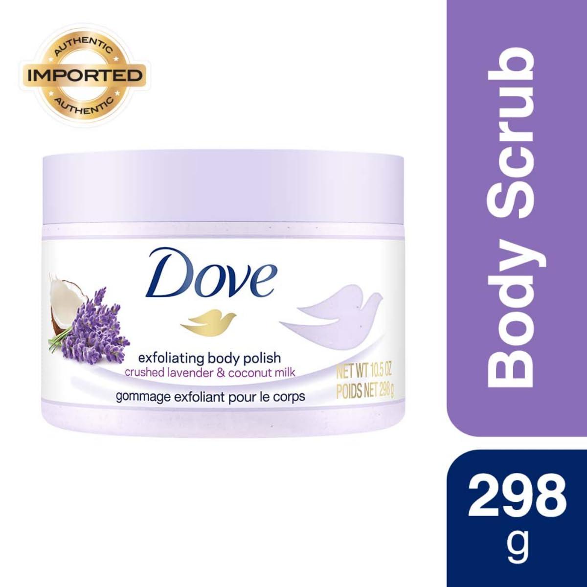 imageDove Exfoliating Body Polish Body Scrub Crushed Almond and Mango Butter 4 Count Exfoliating Scrub for Dry Skin Gently Exfoliates to Reveal Healthy Skin 105 ozLavender Coconut Milk