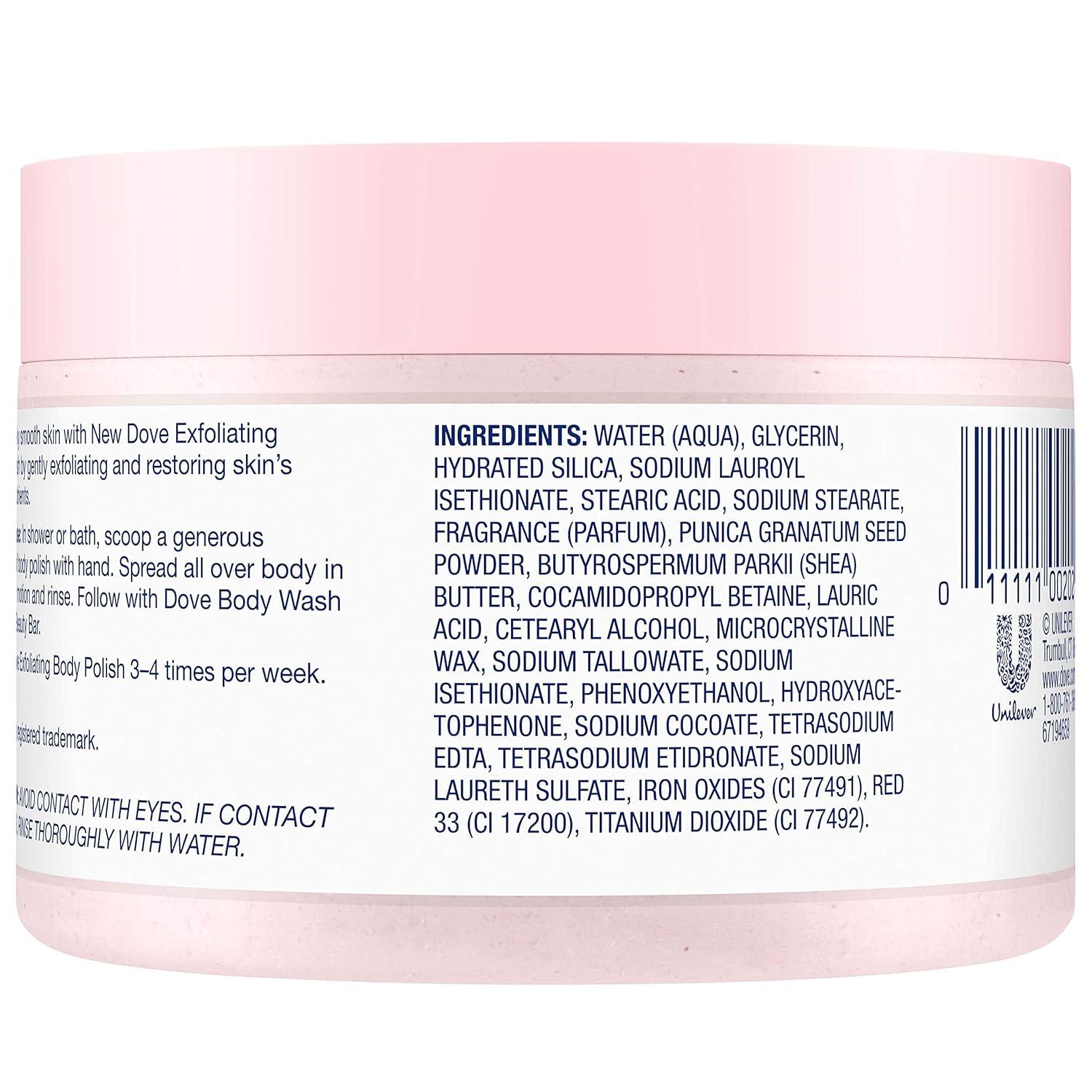 imageDove Exfoliating Body Polish Body Scrub Crushed Almond and Mango Butter 4 Count Exfoliating Scrub for Dry Skin Gently Exfoliates to Reveal Healthy Skin 105 ozPomegranate