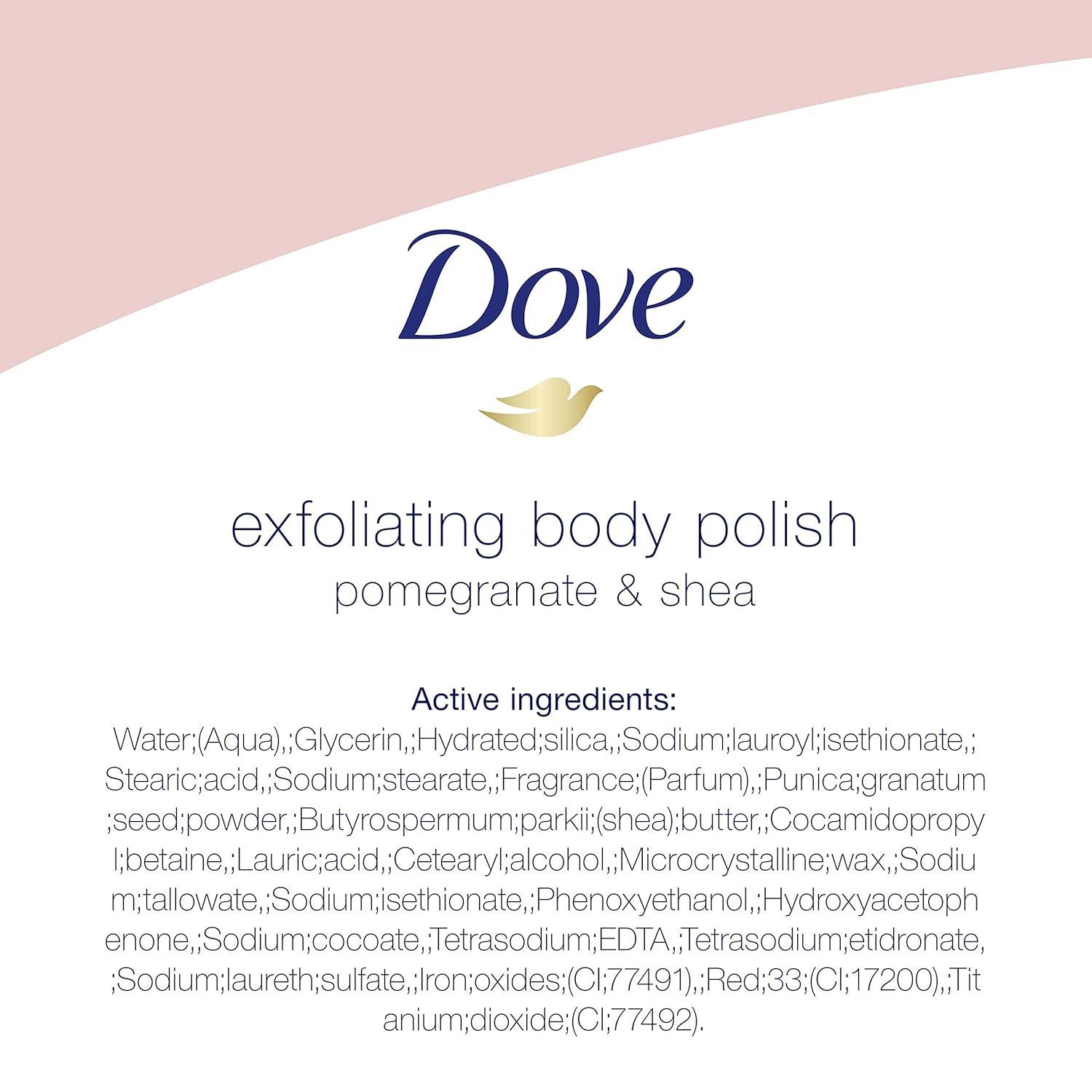 imageDove Exfoliating Body Polish Body Scrub Crushed Almond and Mango Butter 4 Count Exfoliating Scrub for Dry Skin Gently Exfoliates to Reveal Healthy Skin 105 ozPomegranate